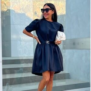 NEW Black Satin Mini Dress Puff Sleeves & Dropped Waist One Size Party‎ Dress